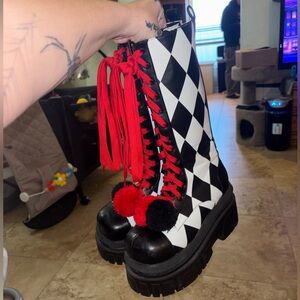 Dollskill Clown Platform Lace-Up Boots with Red & Black Pom Poms